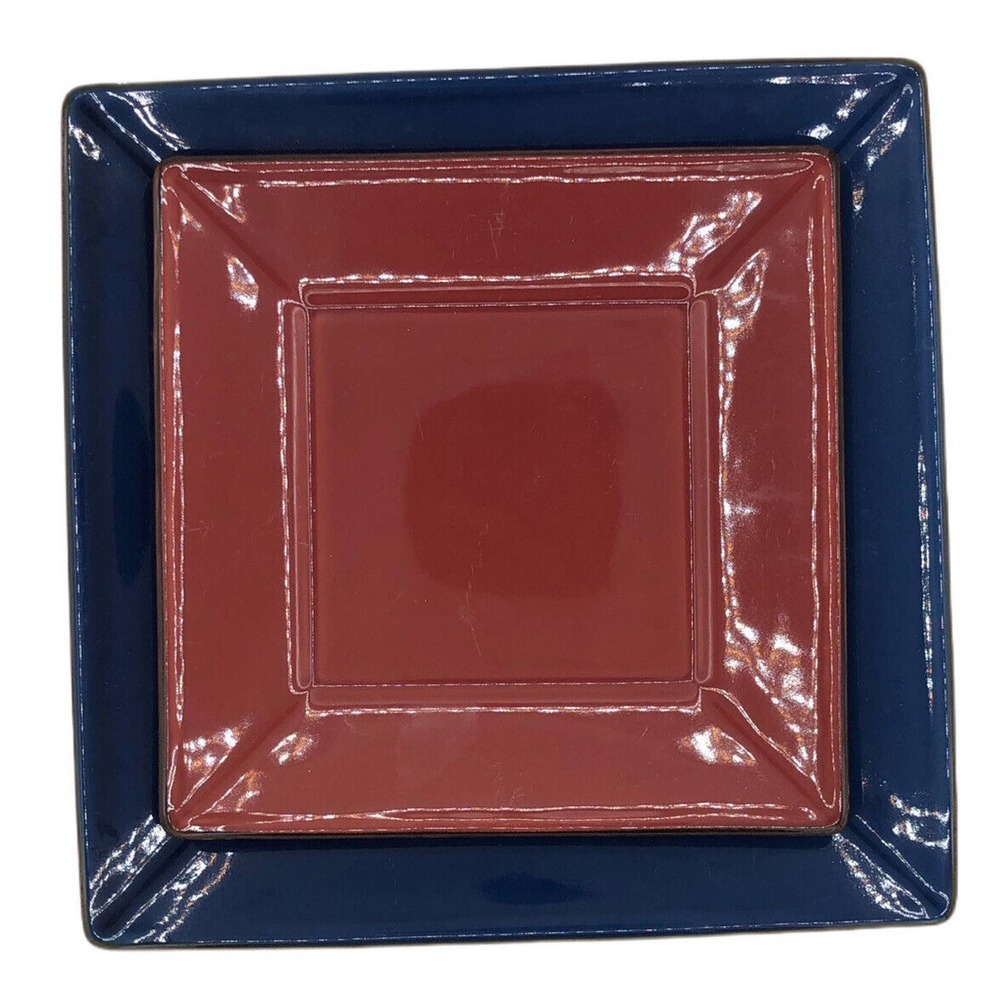 2 Pottery Barn Asian Square Blue 10.5 Red 8.25 Plate Tan Edge Dishes Japan